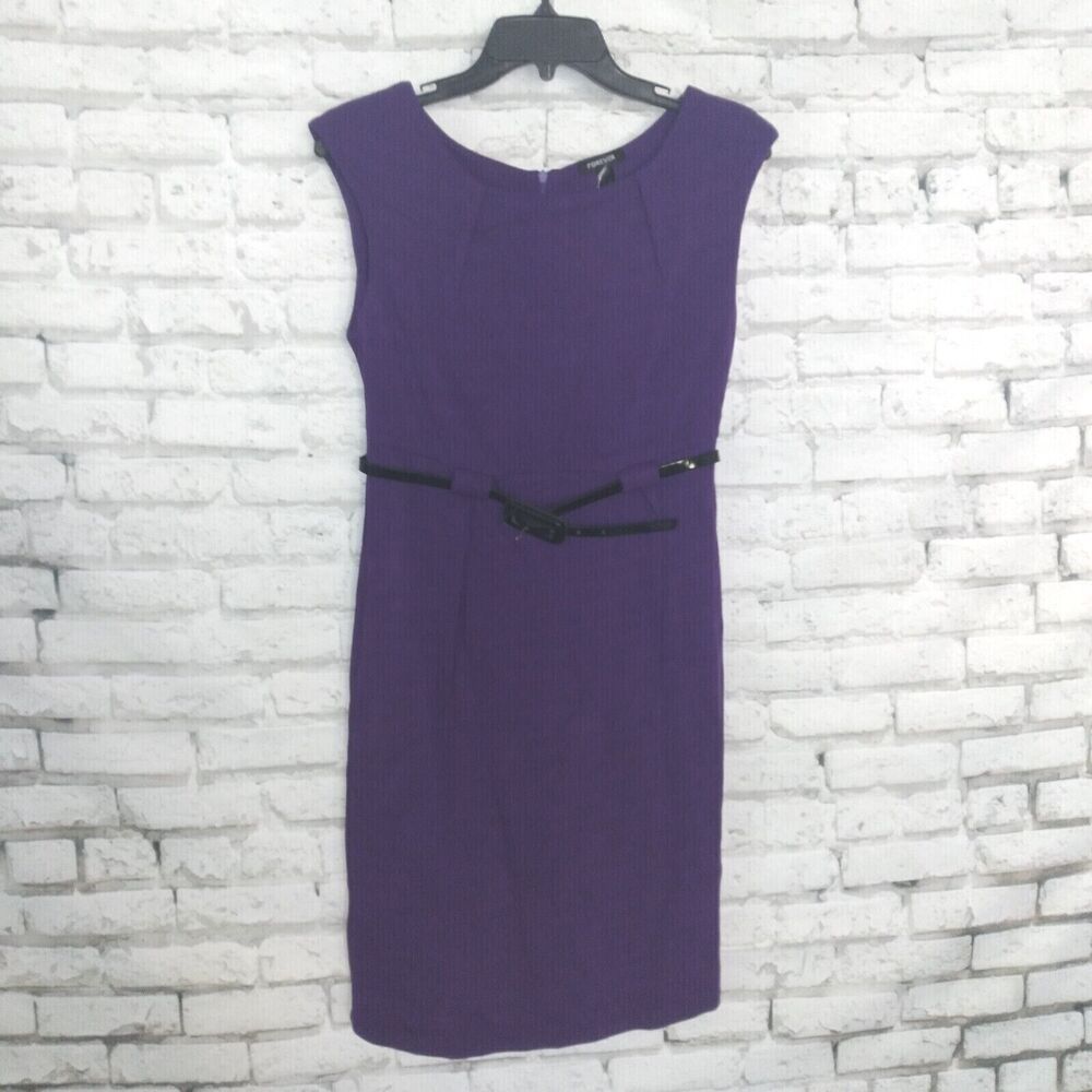 Forever Dress Womens Petite Small Purple Belted Sleeveless Stretch Sheath